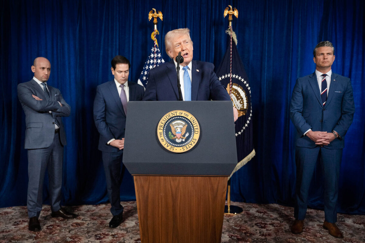 US President Donald Trump, alongside (L/R) Deputy Chief of Staff Stephen Miller, Secretary of State Marco Rubio, and US Secretary of Defense Pete Hegseth, speaks to the press following US military actions in Venezuela, at his Mar-a-Lago residence in Palm Beach, Florida, on January 3, 2026. President Trump said Saturday that US forces had captured Venezuelan leader Nicolas Maduro after launching a "large scale strike" on the South American country. (Photo by Jim WATSON / AFP)
