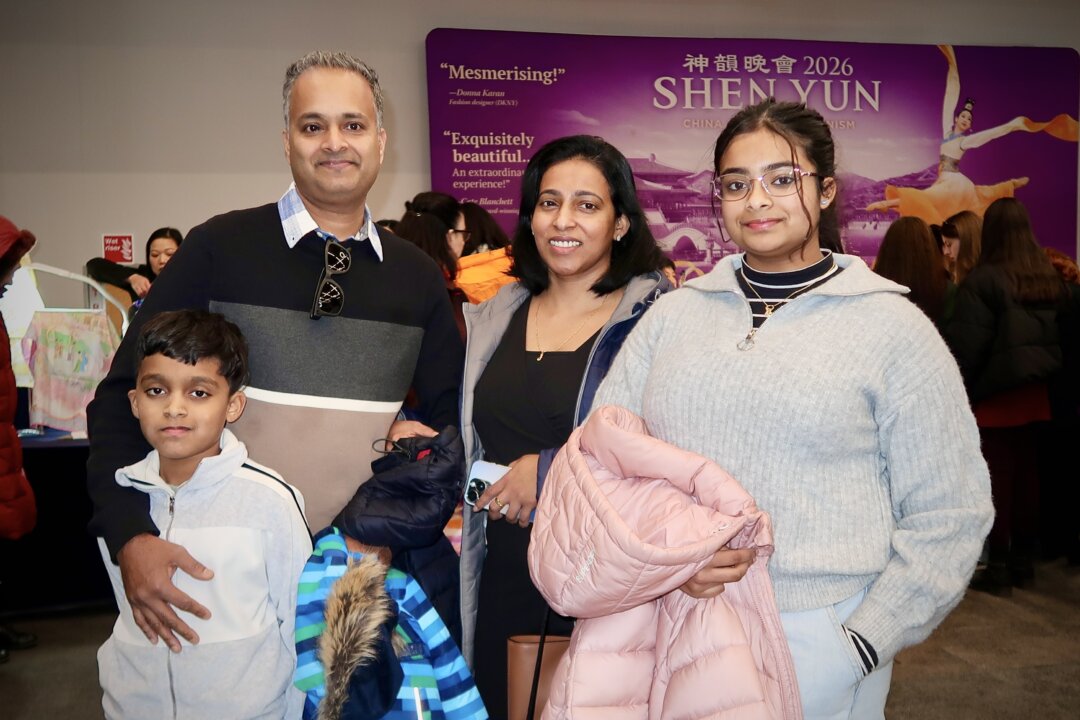 Joshi Raphael, his wife Efia, and their children Akhya and their young son attended Shen Yun Performing Arts at the International Convention Centre in Birmingham on Jan. 4, 2026. (Na Zhang/The Epoch Times)
