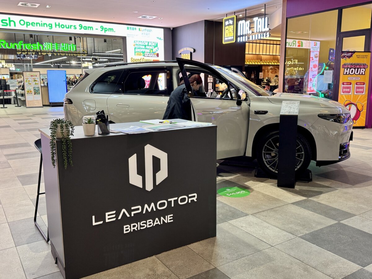 A dealership promotion for Chinese EV brand, Leapmotor, in Brisbane, Australia on May 31, 2025. (Daniel Y. Teng/The Epoch Times)