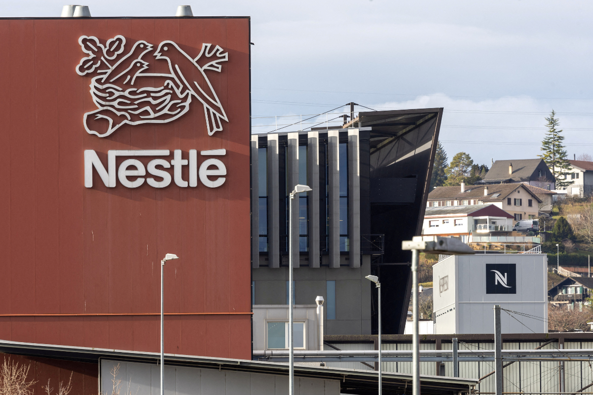 A logo of food giant Nestle in a building in Orbe, Switzerland, on Feb. 9, 2024. (Denis Balibouse/Reuters)