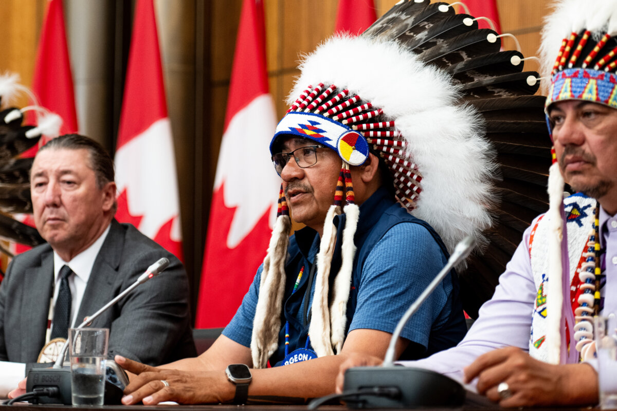 Chief Sheldon Sunshine of Sturgeon Lake Cree Nation speaks during a press conference on the sidelines of the First Nations Summit in Ottawa on July 17, 2025. (Spencer Colby/The Canadian Press)