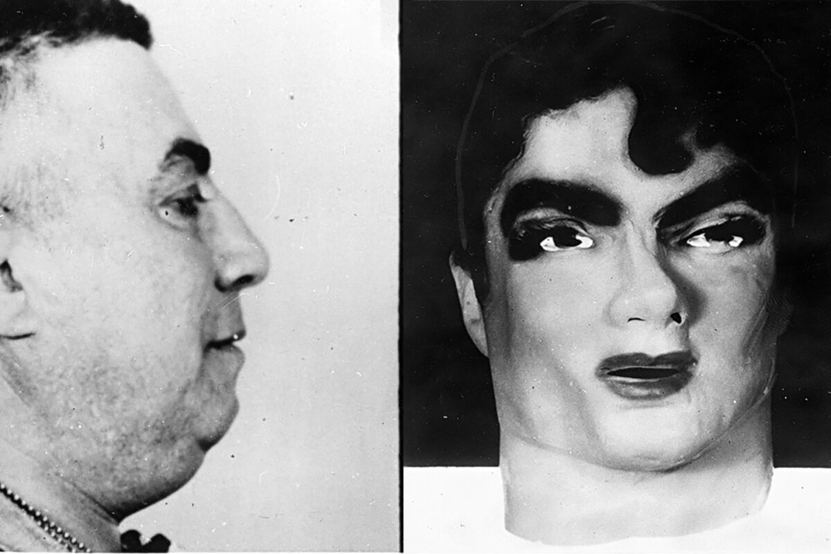 (L) A detail of Anthony Pino's mugshot, one of criminals who engineered the great Brinks robbery on Jan. 17, 1950 in Boston. (R) A Captain Marvel mask used by the thieves. FBI photos. (Public Domain)