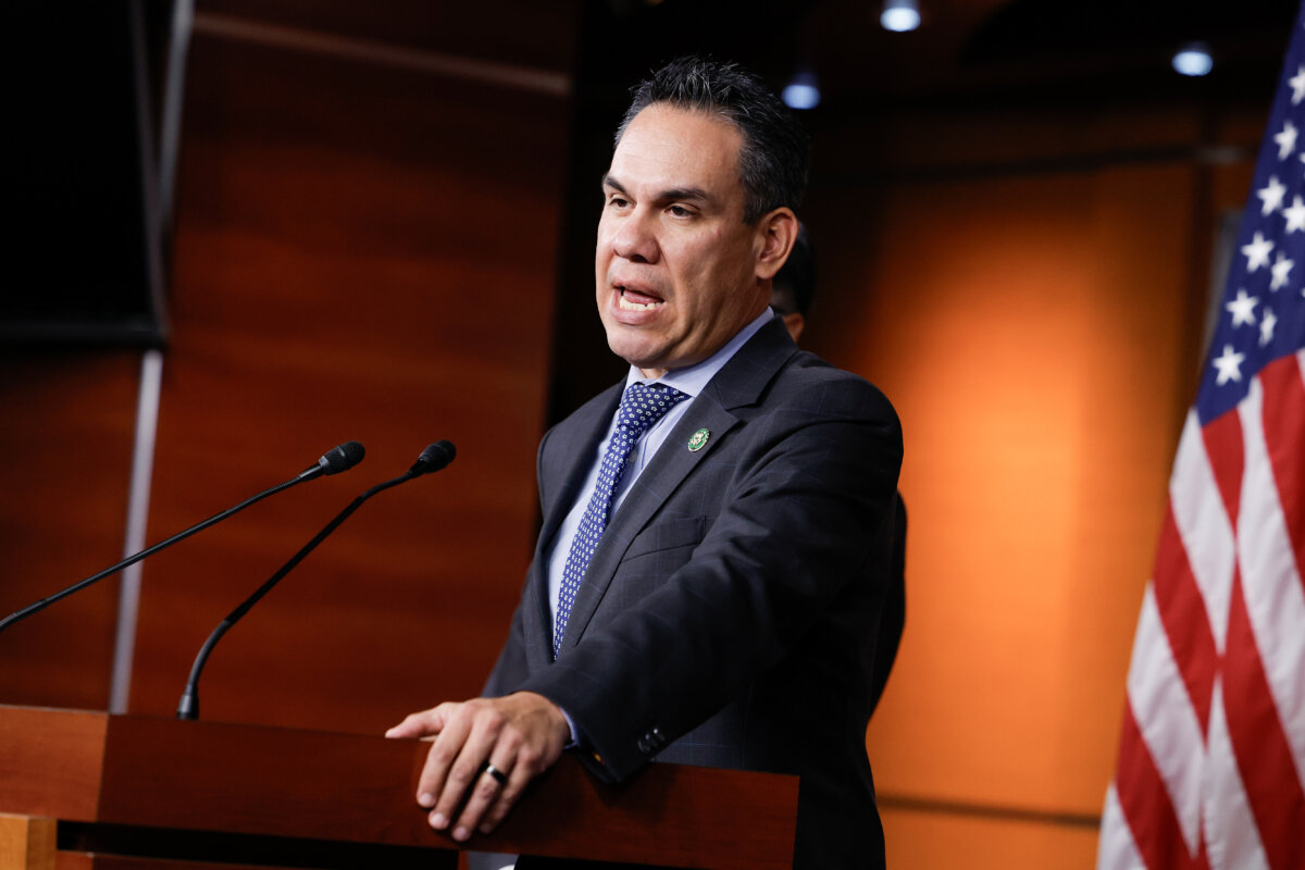 Chair of the House Democratic Caucus Rep. Pete Aguilar (D-Calif.) speaks at a news conference after a meeting with the caucus at the U.S. Capitol on Sept. 19, 2023. (Anna Moneymaker/Getty Images)