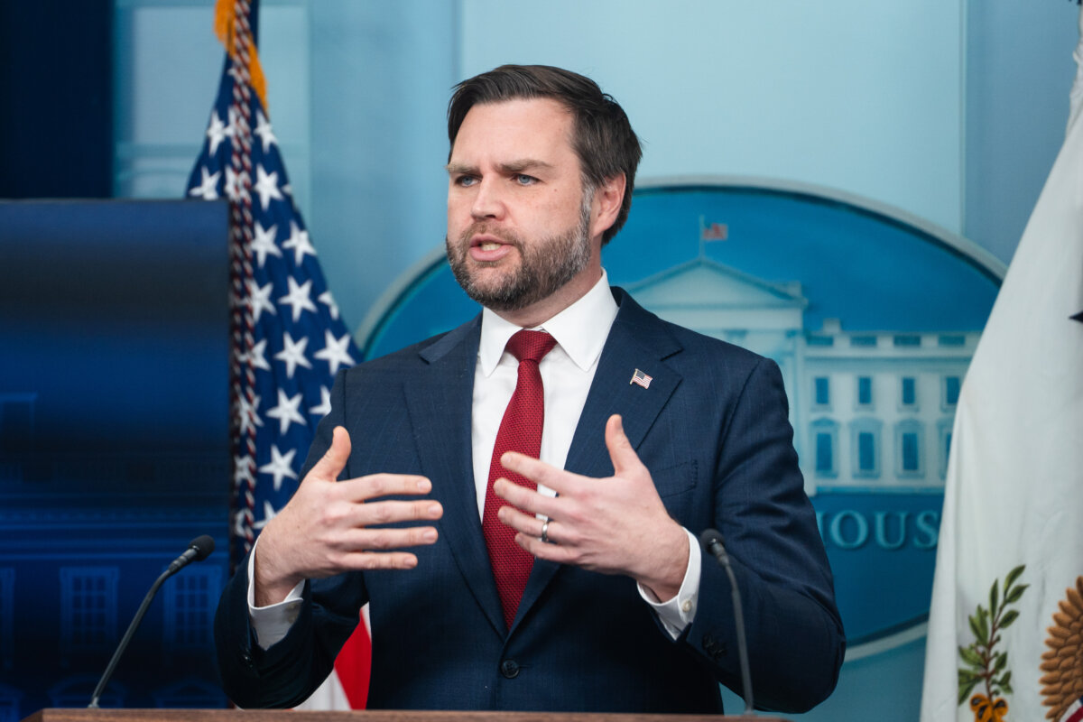 Vice President JD Vance speaks during a press briefing at the White House on Jan. 8, 2026. (Madalina Kilroy/The Epoch Times)