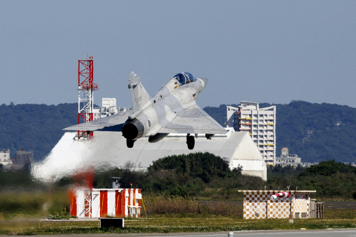 A Taiwan Air Force Mirage 2000 fighter jet takes off at Hsinchu Air Base in Hsinchu, Taiwan, on Dec. 29, 2025. (Cheng Yu-chen/AFP via Getty Images)
