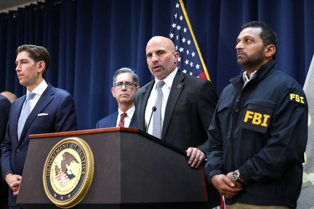 FBI New York Assistant Director Christopher Raia (C) speaks alongside U.S. Attorney for the Eastern District of New York Joseph Nocella (2nd L) and FBI Director Kash Patel (R) during a news conference to announce arrests tied to illegal sports betting and poker game schemes, in New York City on Oct. 23, 2025. (Angela Weiss/AFP via Getty Images)