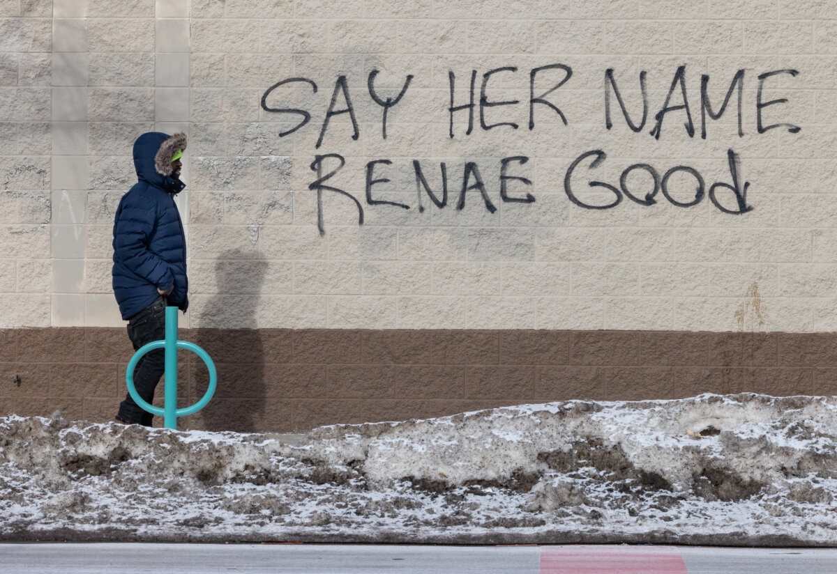 Graffiti left over from anti-ICE protests line the walls of several business and government buildings in Minneapolis on Jan. 11, 2026. (John Fredricks/The Epoch Times)