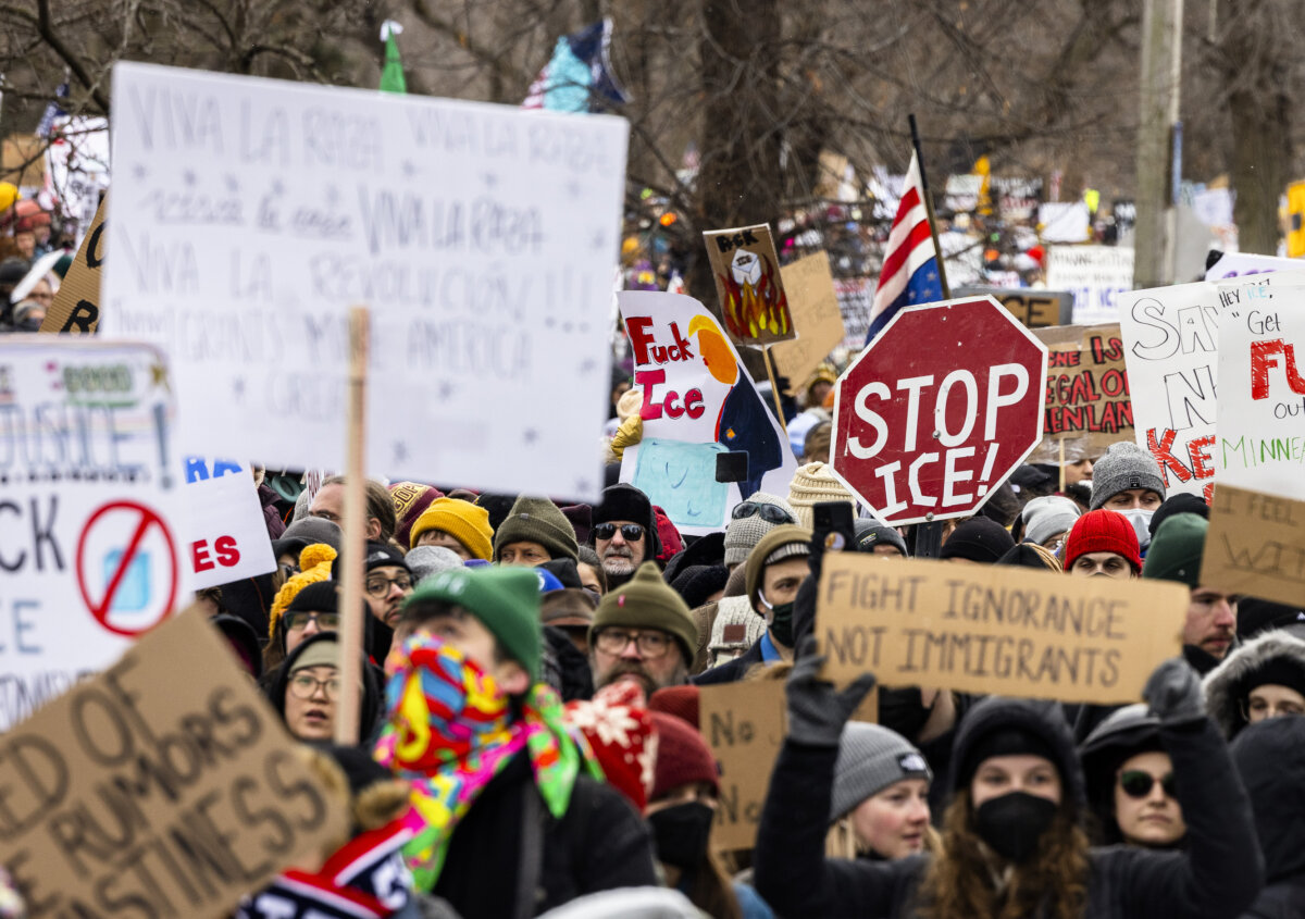 Protesters numbering in the thousands demonstrate against Immigration and Customs Enforcement operations in Minneapolis on Jan. 10, 2026. (John Fredricks/The Epoch Times)