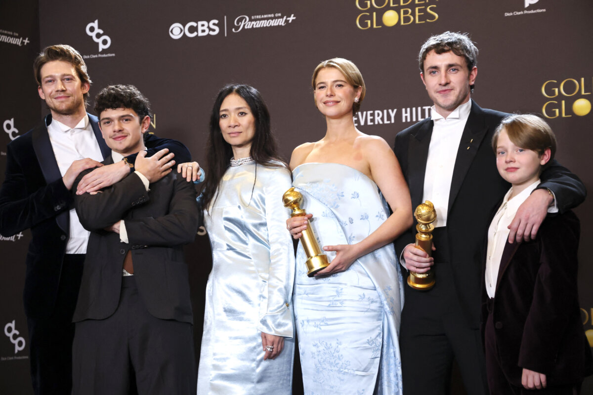 Joe Alwyn, Noah Jupe, Chloe Zhao, Jessie Buckley, Paul Mescal, and Jacobi Jupe pose with the Best Motion Picture-Drama award for "Hamnet"at the 83rd Annual Golden Globes in Beverly Hills, Calif., on Jan. 11, 2026. (Mario Anzuoni/Reuters)