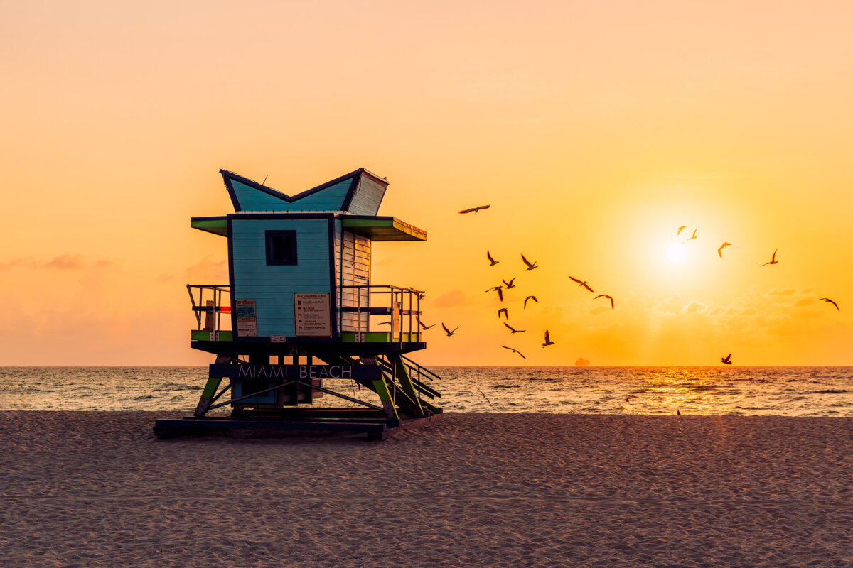 Lifeguard towers are positioned at regular intervals along Miami's shores. (Alexander Spatari/Getty Images)