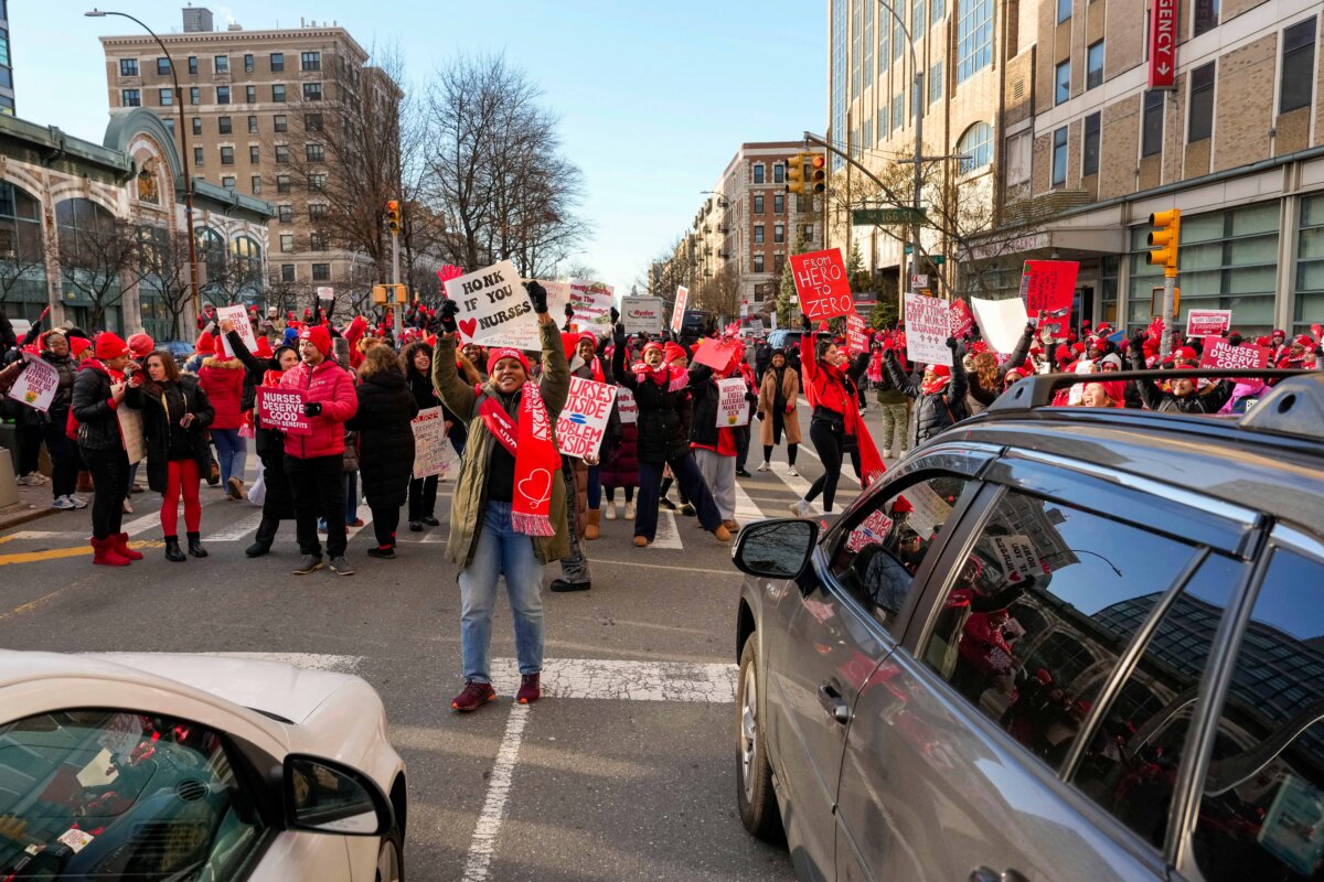 Nurses strike outside NewYork-Presbyterian Hospital, in New York City on Jan. 12, 2026. (Yuki Iwamura/AP Photo)