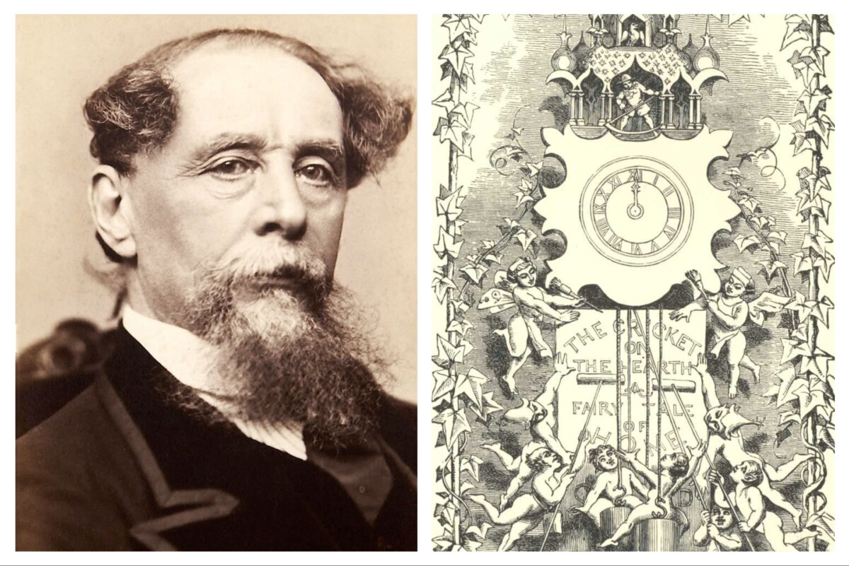 (Left) Portrait of Charles Dickens wrote the novella "The Cricket on the Hearth," in 1845. (Right) The frontispiece of the second edition published in 1846. (Public Domain)