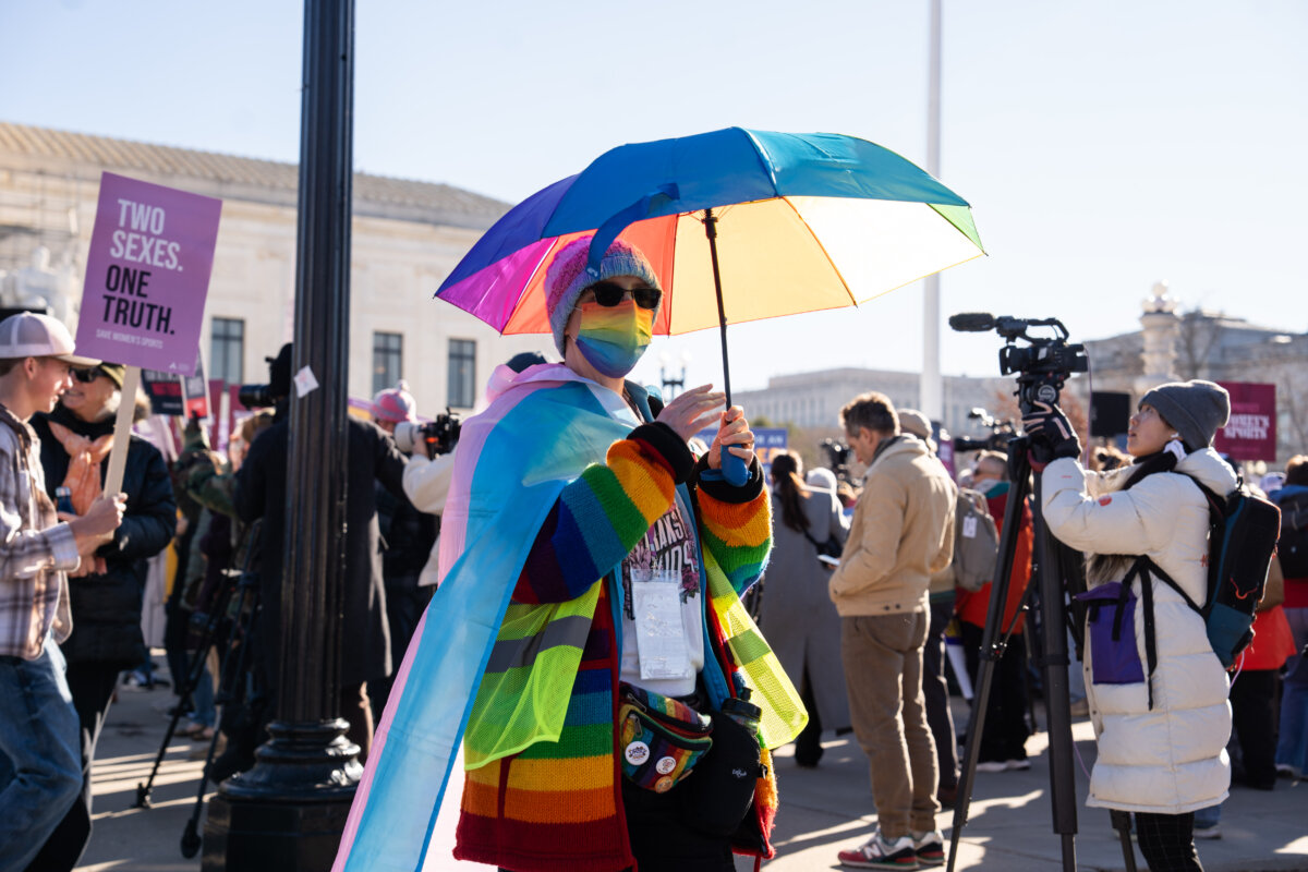 People take part in a rally outside the U.S. Supreme Court as justices hear arguments in two cases in which states have banned males from participating in female-only sports, in Washington on Jan. 13, 2025. (Madalina Kilroy/The Epoch Times)