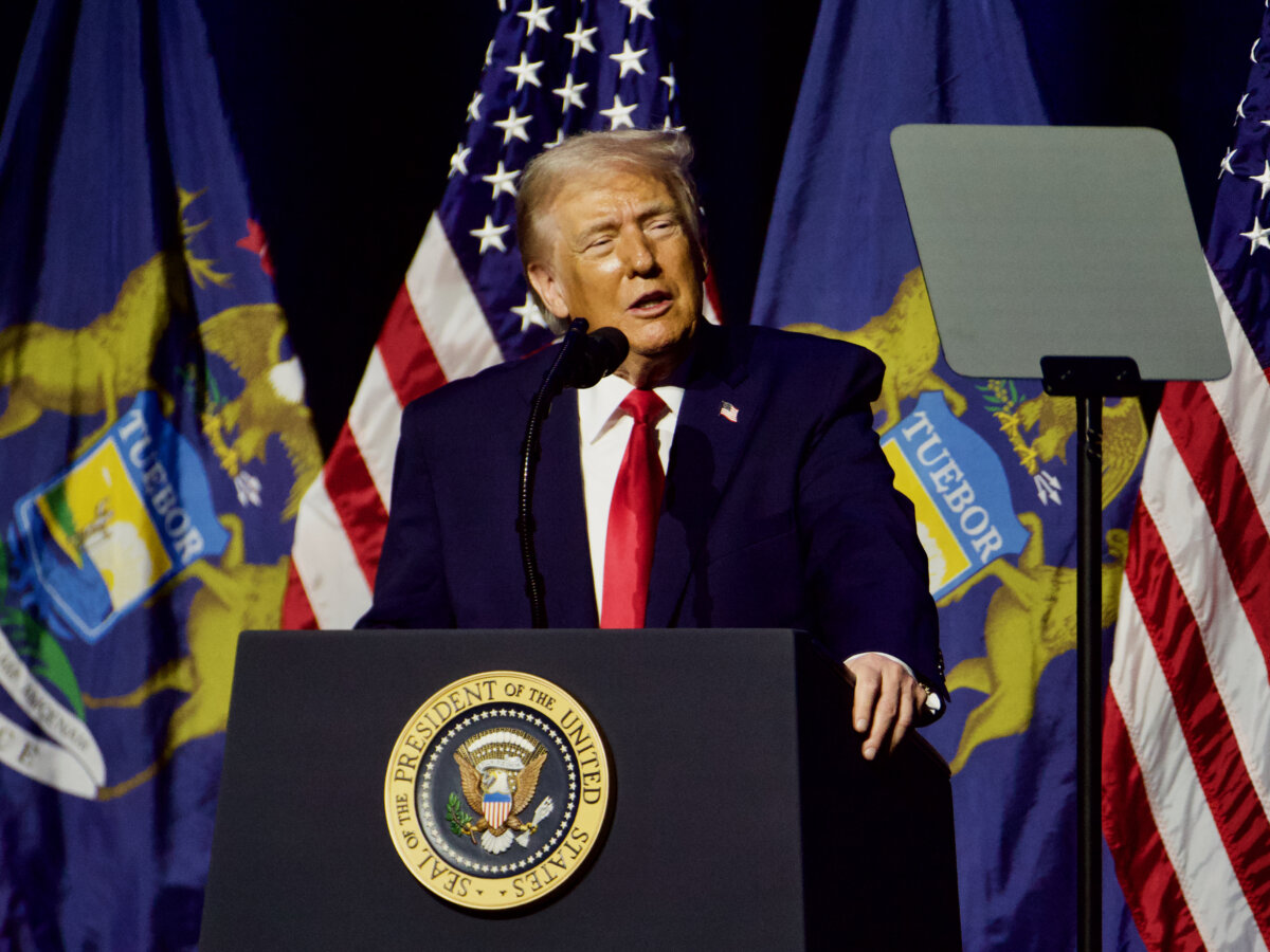President Donald Trump speaks to the Detroit Economic Club at the MotorCity Hotel and Casino in Detroit on Jan. 13, 2026. (Travis Gillmore/The Epoch Times)