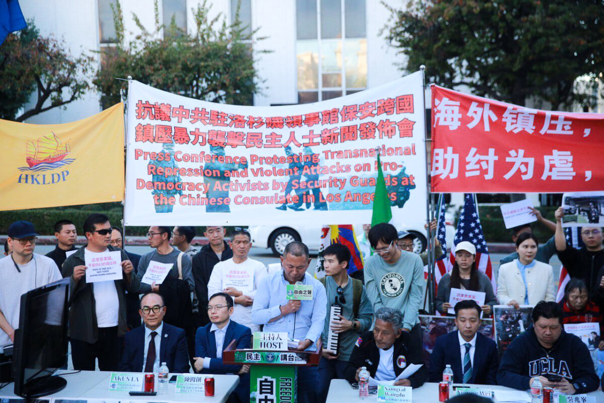 Jie Lijian, head of the China Democracy Party International Alliance, speaks at a news conference outside the Chinese Consulate in Los Angeles on Jan. 11, 2026. (Courtesy of Jie Lijian)