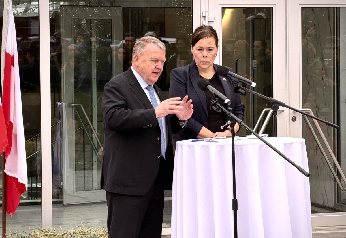 Danish Foreign Minister Lars Lokke Rasmussen (L) and Greenlandic Foreign Minister Vivian Motzfeldt speak at a news conference at the Danish Embassy in Washington on Jan. 14, 2026. (Emel Akan/The Epoch Times)