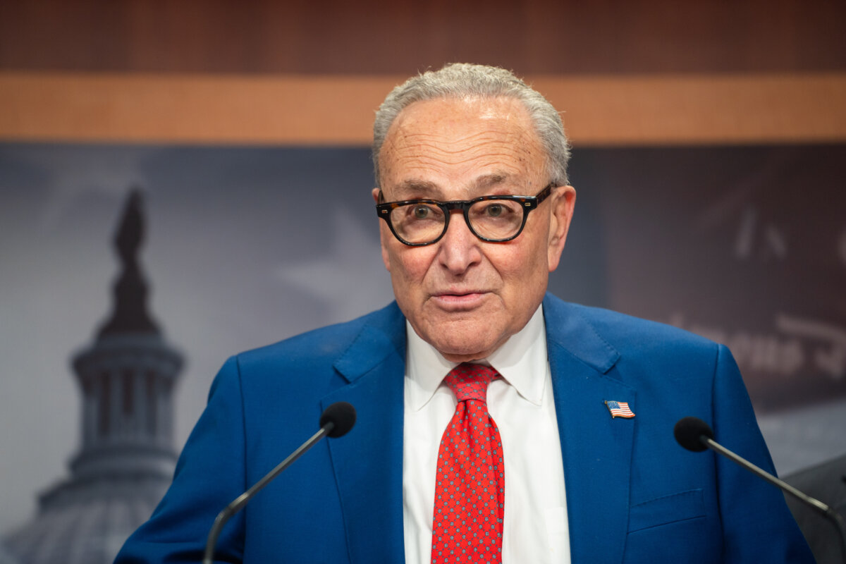 Senate Minority Leader Chuck Schumer (D-N.Y.) speaks at a news conference on Capitol Hill in Washington on Jan. 14, 2025. (Madalina Kilroy/The Epoch Times)