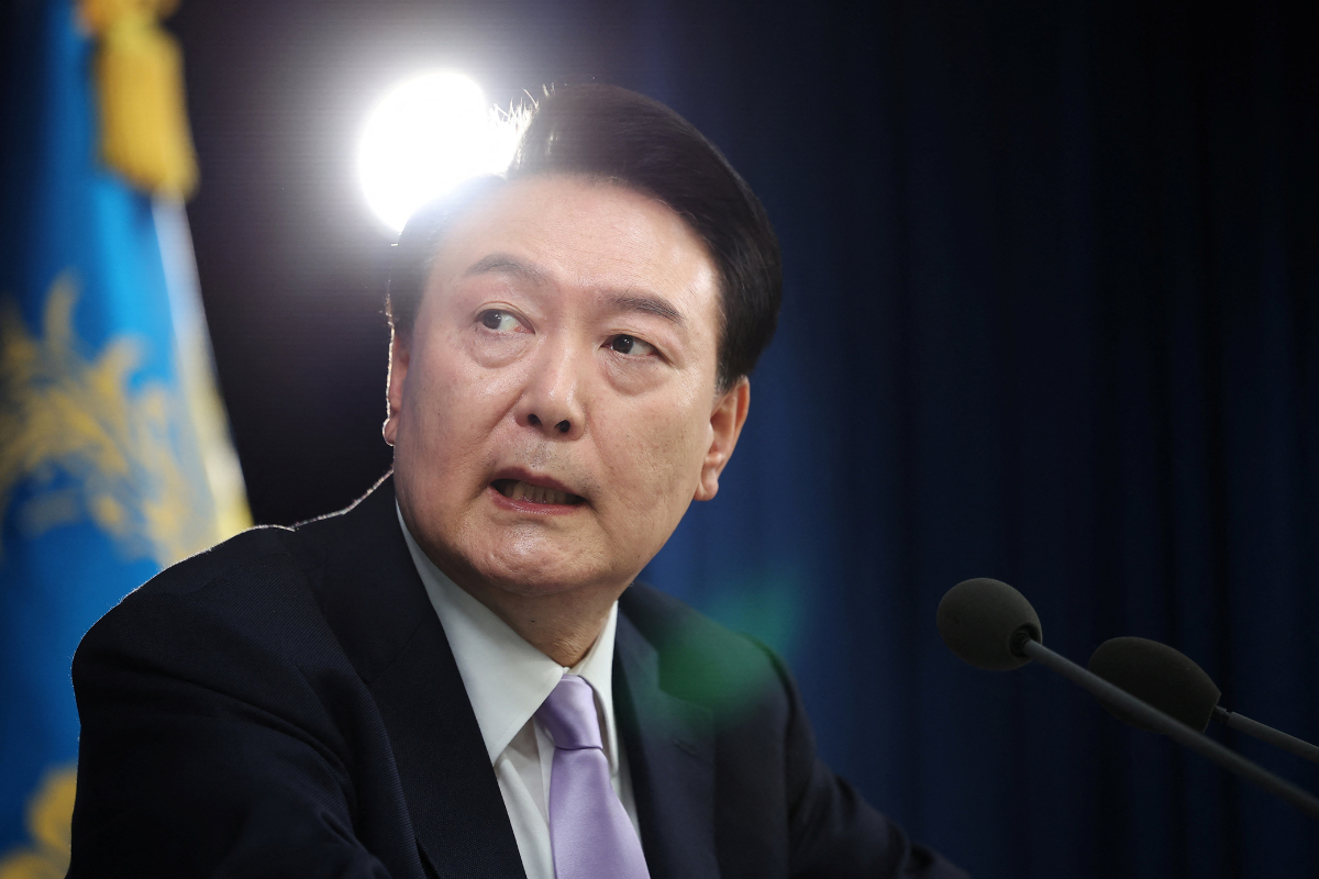 South Korean President Yoon Suk Yeol answers a reporter’s question during a press conference at the Presidential Office in Seoul, South Korea, on Nov. 7, 2024. (Hong-Ji/Reuters)