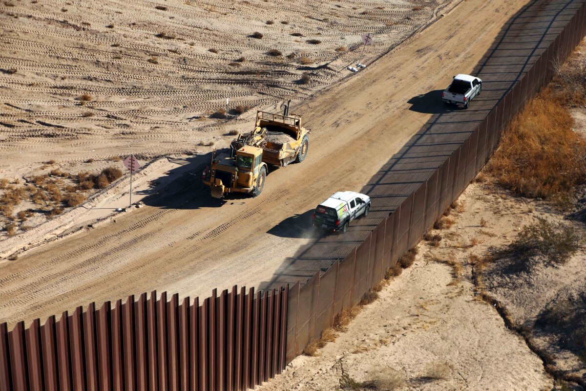 Aerial view of an US Border Patrol pickup next to the wall being constructed at the US-Mexico border in Santa Teresa, N.M., as seen from Ciudad Juarez, Chihuahua state, Mexico, on Jan. 14, 2026. (Herika Martinez/AFP via Getty Images)