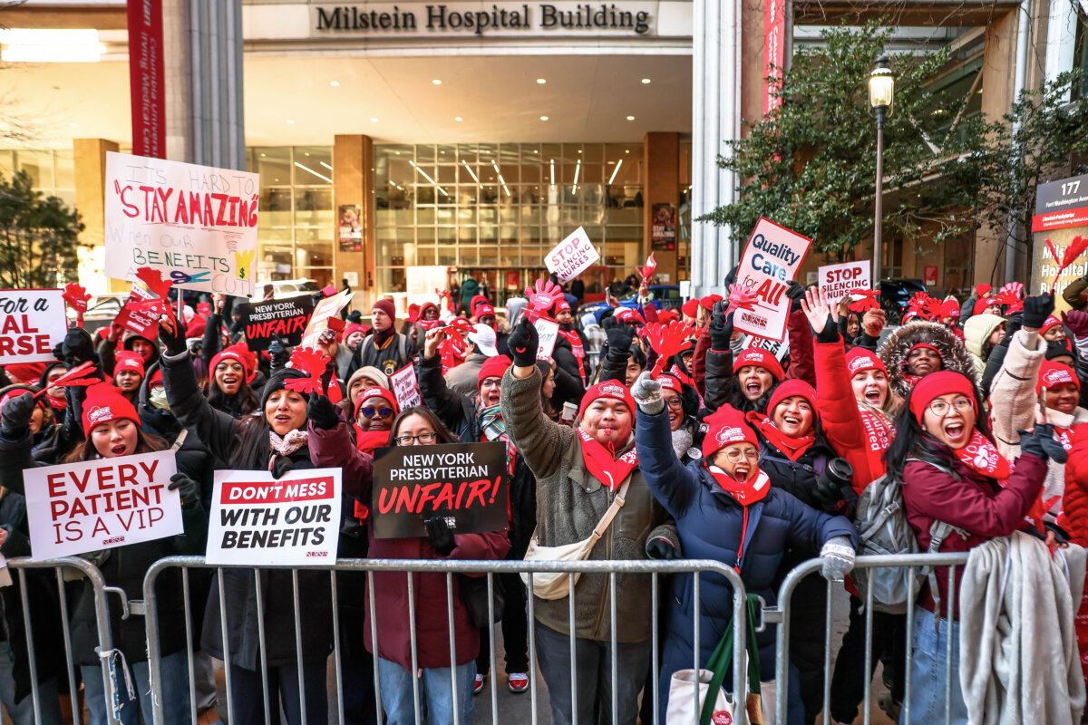 Nurses from NewYork-Presbyterian/Columbia University Irving Medical Center strike outside the hospital in New York City on Jan. 12, 2026. (Michael M. Santiago/Getty Images)