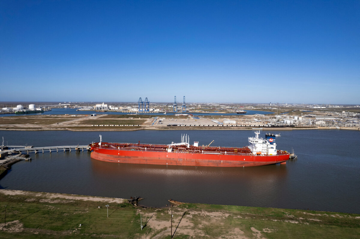 An aerial photo shows the Nave Photon crude oil tanker, carrying a shipment of Venezuelan oil, docked in Freeport, Texas, on Jan. 16, 2026. (Mark Felix/AFP via Getty Images)