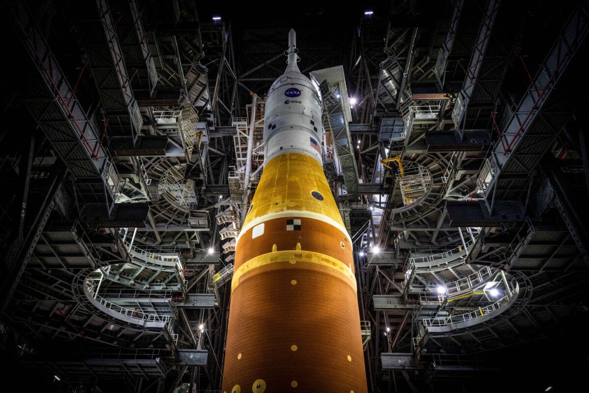 Artemis II sits in Bay 3 of the Vehicle Assembly Building on Jan. 16, 2026 at Kennedy Space Center in Cape Canaveral, Fla., ahead of the rollout to Launch Pad 39B for the crewed lunar mission. (Jim Watson/AFP via Getty Images)