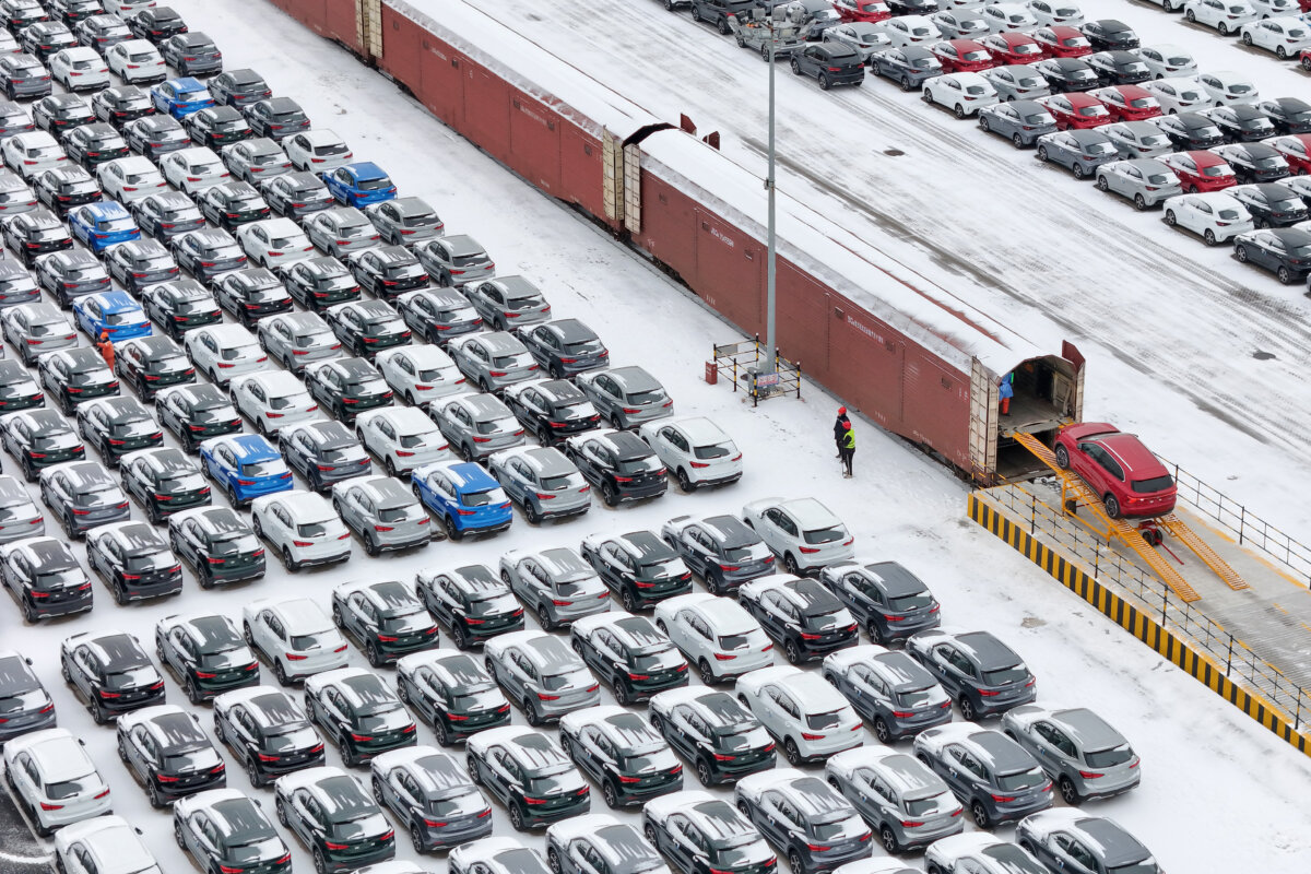 Vehicles for export at a port in Yantai, Shandong Province, China, on Jan. 18, 2026. (AFP via Getty Images)