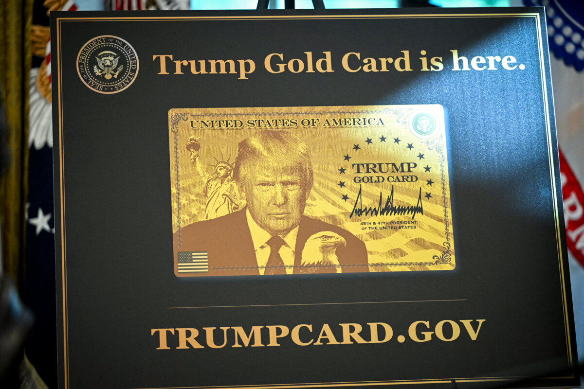 A Trump Gold Card is displayed in the Oval Office as President Donald Trump speaks before signing executive orders in Washington on Sept. 19, 2025. (Mandel Ngan/AFP via Getty Images)