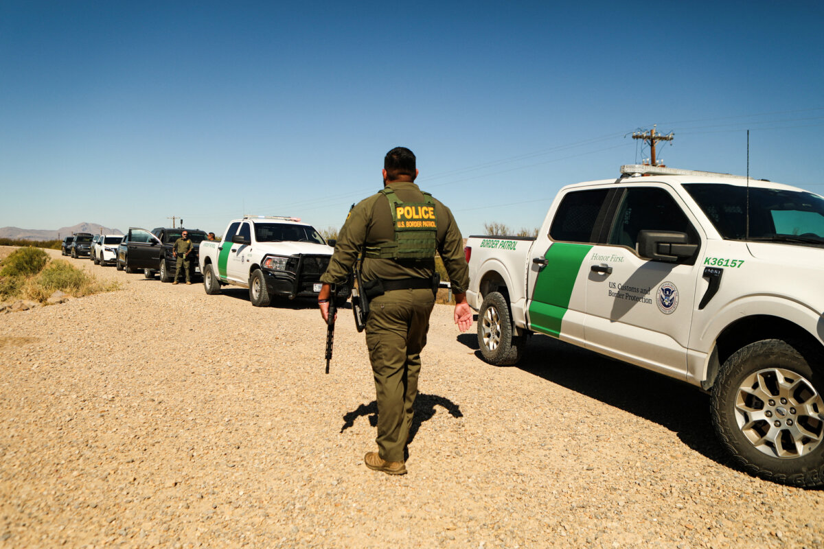 A U.S. Border Patrol agent from the Big Bend Sector takes part in a binational patrol called “Operation Mirror” with Mexican Army personnel to deter migrant crossings from Ojinaga, Mexico, to Presidio, Texas, on Nov. 4, 2025. (Herika Martinez/AFP via Getty Images)