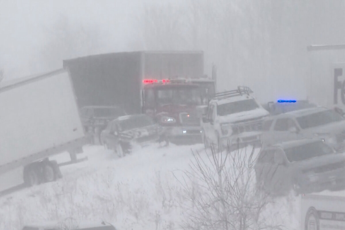 An image taken from video shows part of a multi-vehicle pileup leading Michigan State Police to shut down I-196 south of Grand Rapids on Jan. 19, 2026. (WZZM via AP)