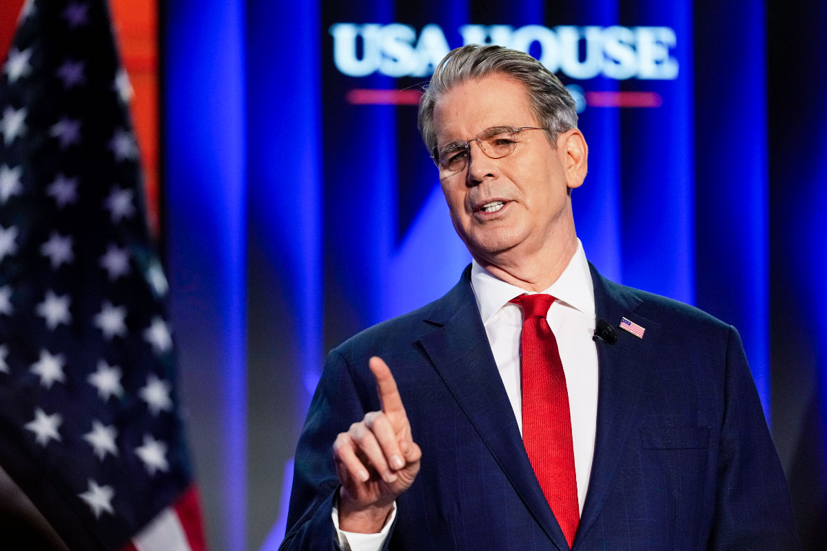 Treasury Secretary Scott Bessant speaks at USA House during the annual meeting of the World Economic Forum in Davos, Switzerland, on Jan. 20, 2026. (Markus Schreiber/AP Photo)