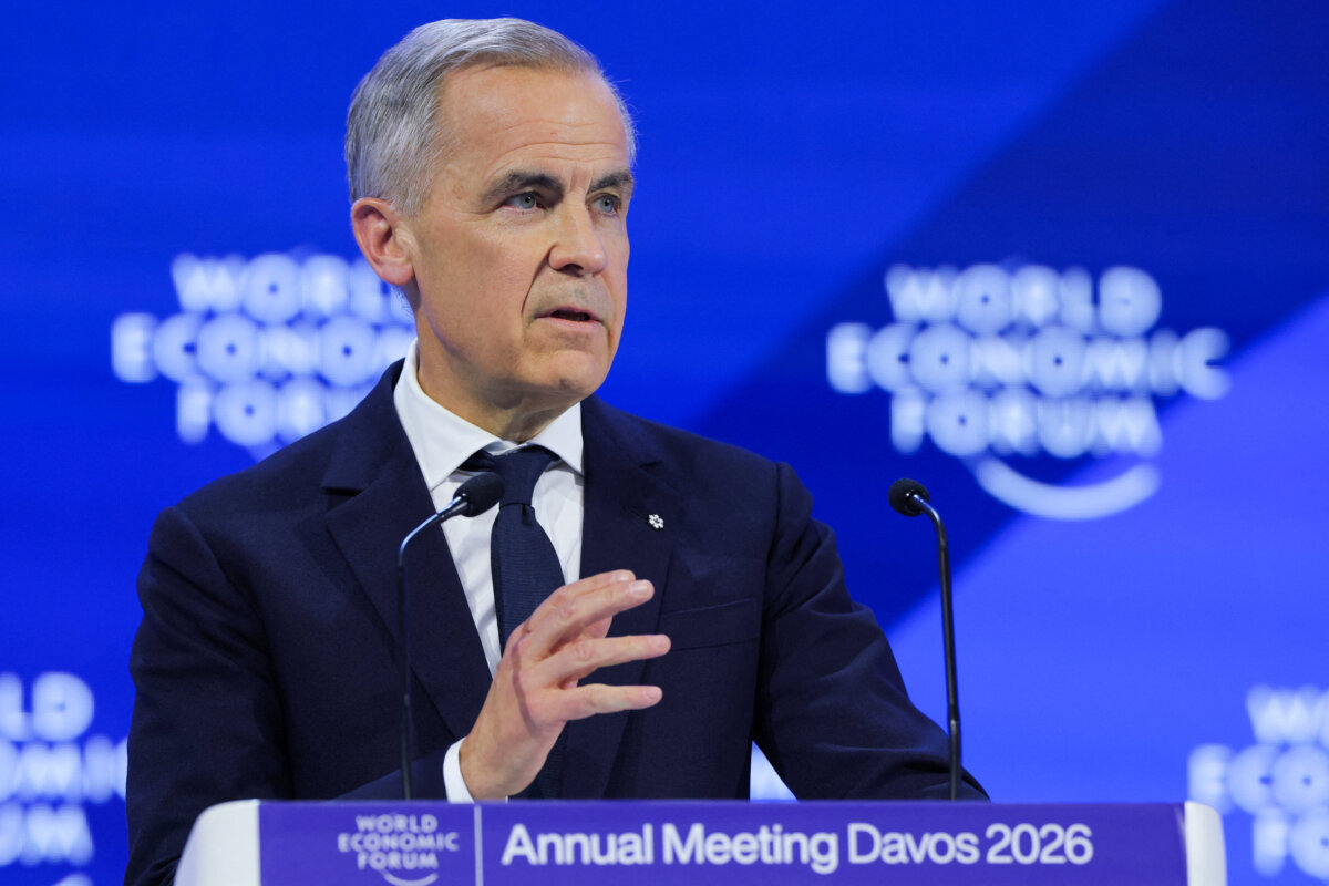 Canadian Prime Minister Mark Carney speaks during the annual meeting of the World Economic Forum at the Congress Center in Davos, Switzerland, on Jan. 20, 2026. (Denis Balibouse/Reuters)