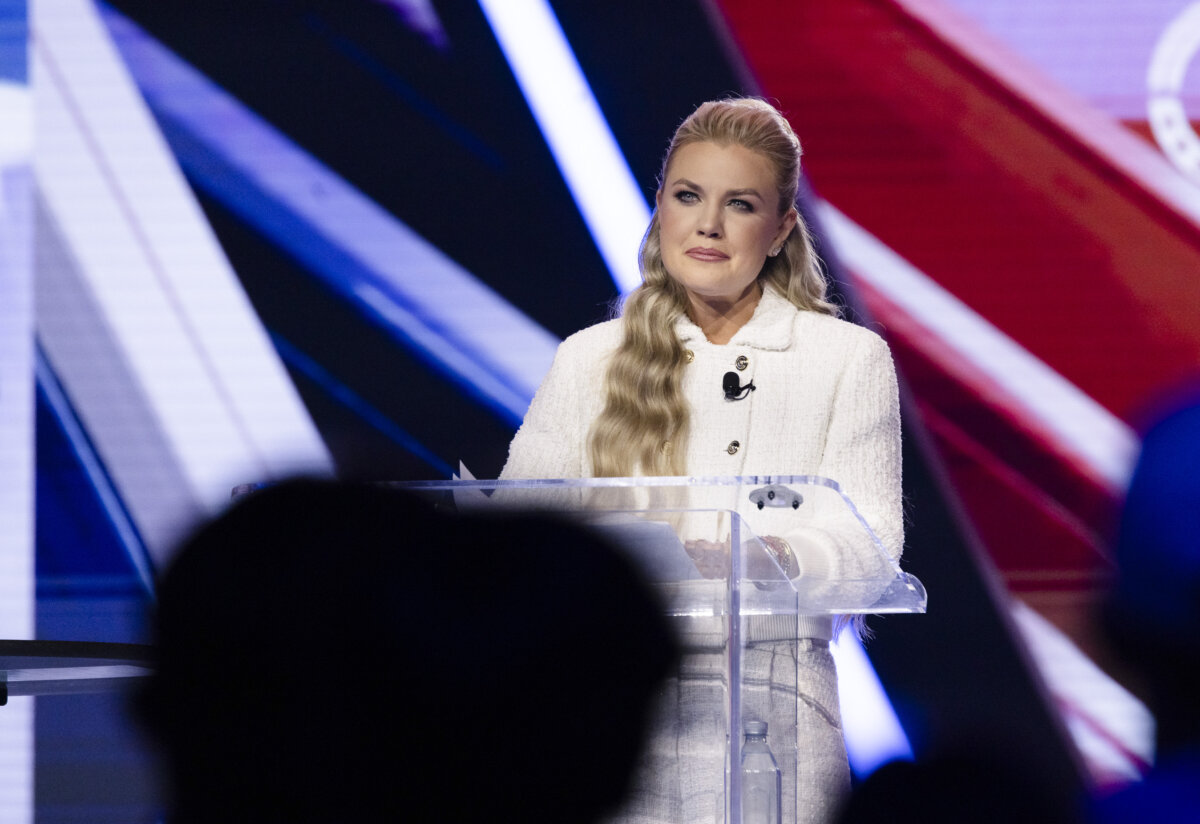 Erika Kirk speaks at Turning Point USA's America Fest in Phoenix, AZ., on Dec. 20, 2025. (John Fredricks/The Epoch Times)