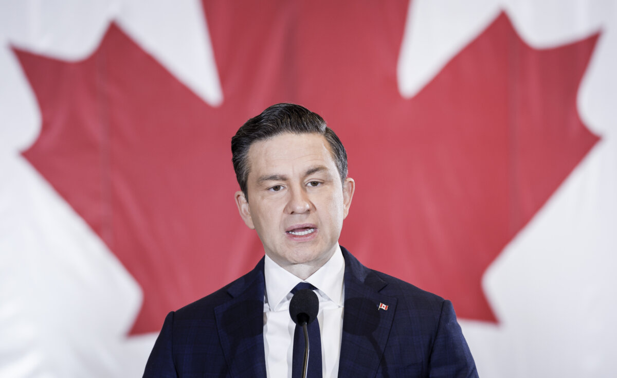 Conservative Leader Pierre Poilievre speaks at a news conference in Calgary on Nov. 12, 2025. (The Canadian Press/Jeff McIntosh)