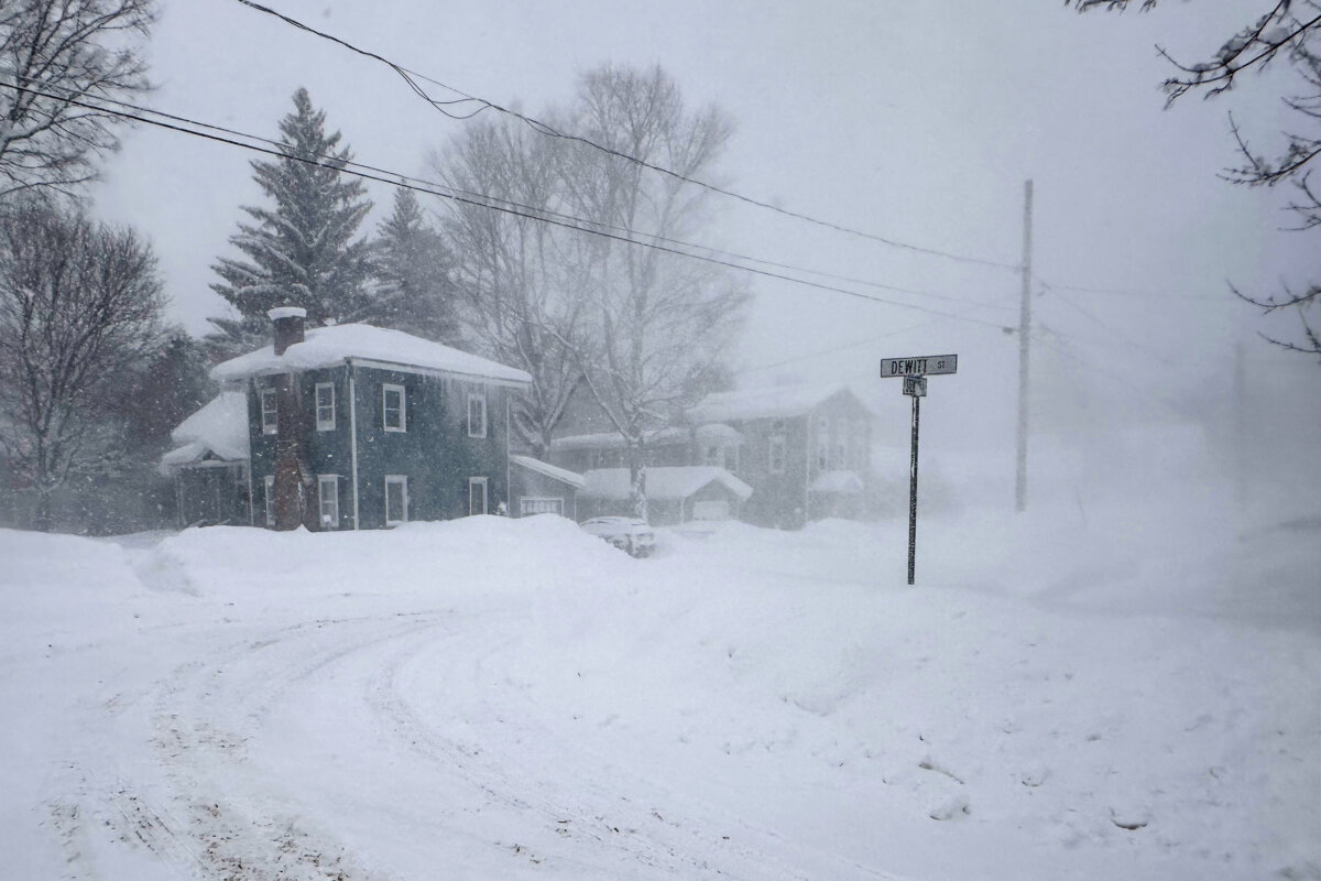 Strong winds kick up snow in Lowville, N.Y., on Jan. 23, 2026. (AP Photo/Cara Anna)
