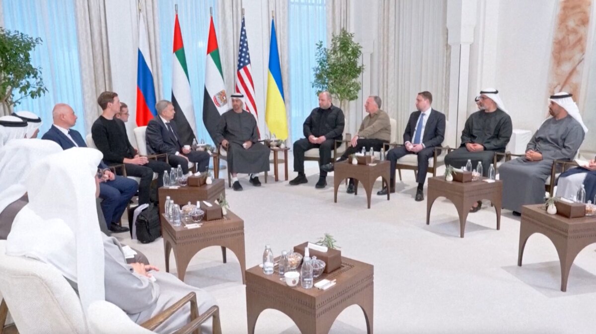 Trilateral talks between the United States, Russia, and Ukraine in Abu Dhabi, United Arab Emirates, on Jan. 23, 2026, in a still from video. (UAE Ministry of Presidential Affairs via Reuters/Screenshot via The Epoch Times)