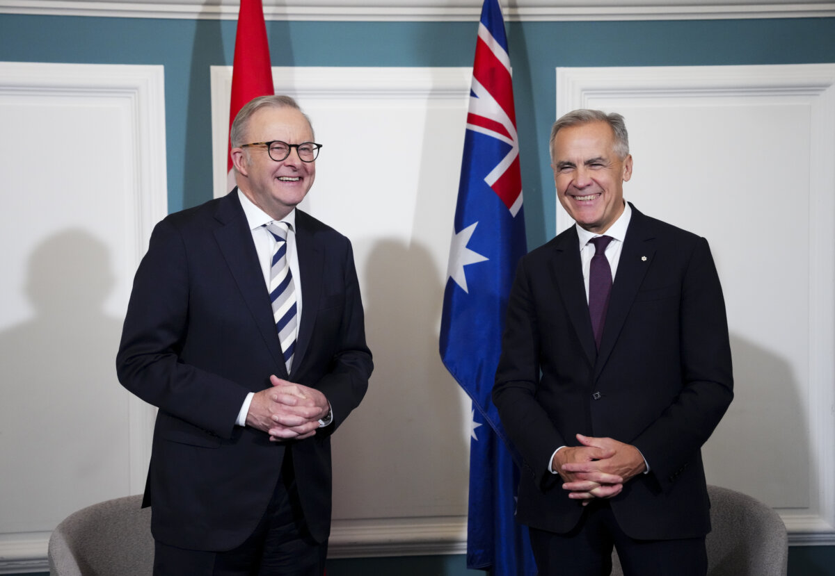 Prime Minister Mark Carney takes part in a bilateral meeting with Australian Prime Minister Anthony Albanese during the Global Progress Action Summit in London on Sept. 26, 2025. (The Canadian Press/Sean Kilpatrick)
