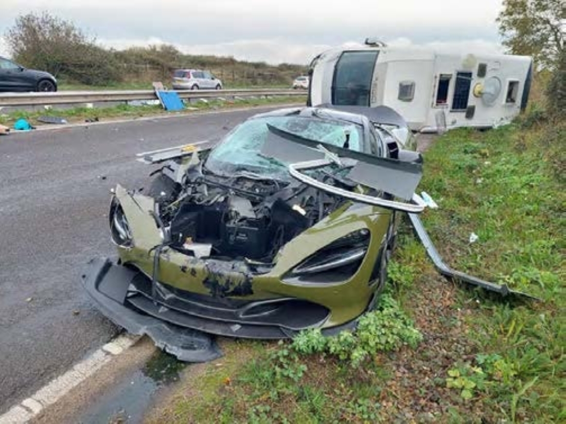 Oliver Strickland-Miller was driving his McLaren 720S on the A12 near Lower Hacheston when he lost control (Suffolk Police/PA)