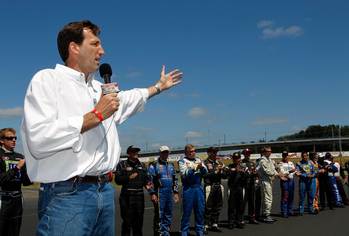 Oregon gubernatorial candidate Chris Dudley meets drivers and speaks before the NASCAR K&N Pro Series West Bi-Mart Salute to the Troops 125 at Portland International Raceway in Portland, Ore., on July 18, 2010. (Jonathan Ferrey/Getty Images)