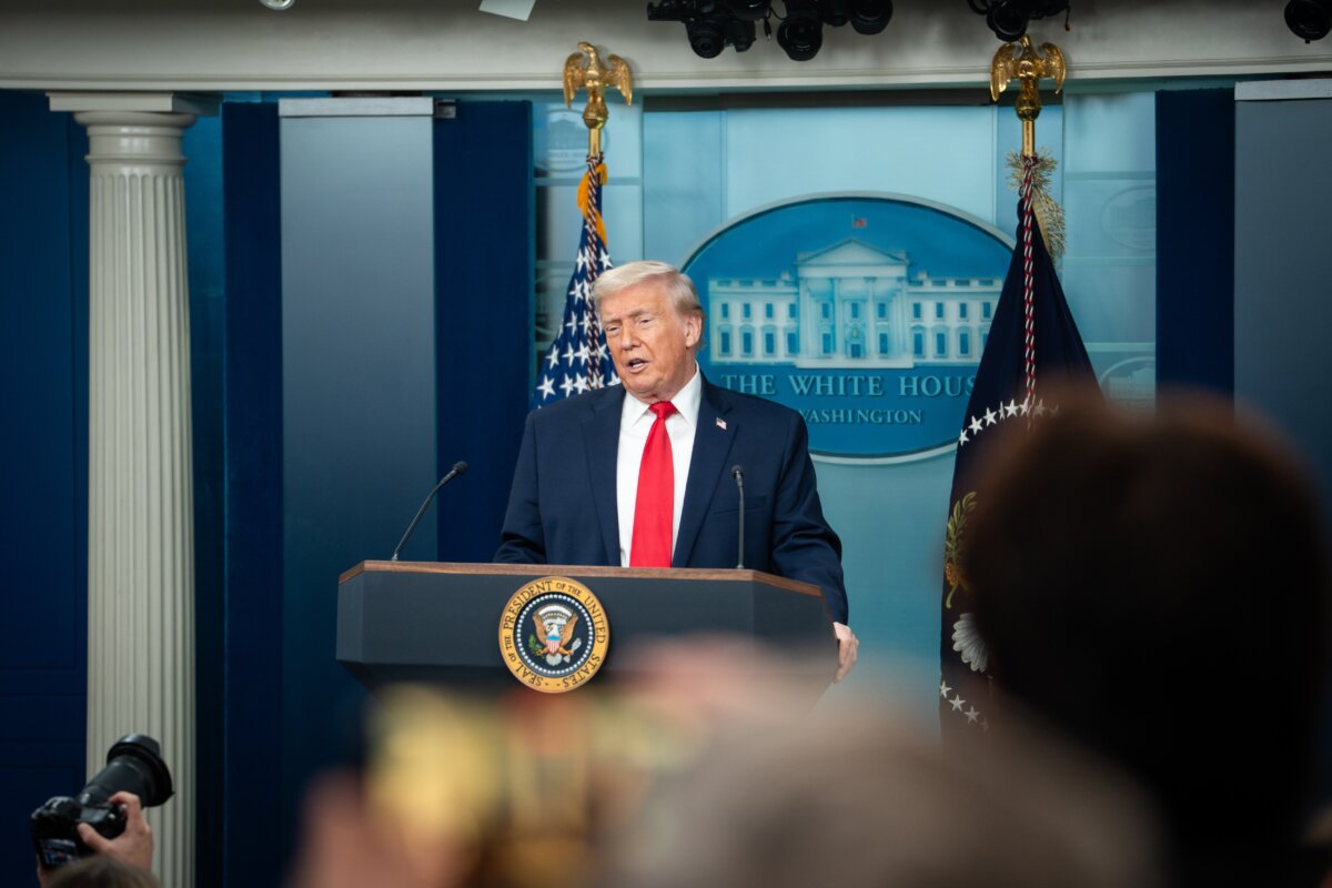 President Donald Trump speaks during a press briefing marking the first year of his second term, at the White House on Jan. 20, 2026.(Madalina Kilroy/The Epoch Times)