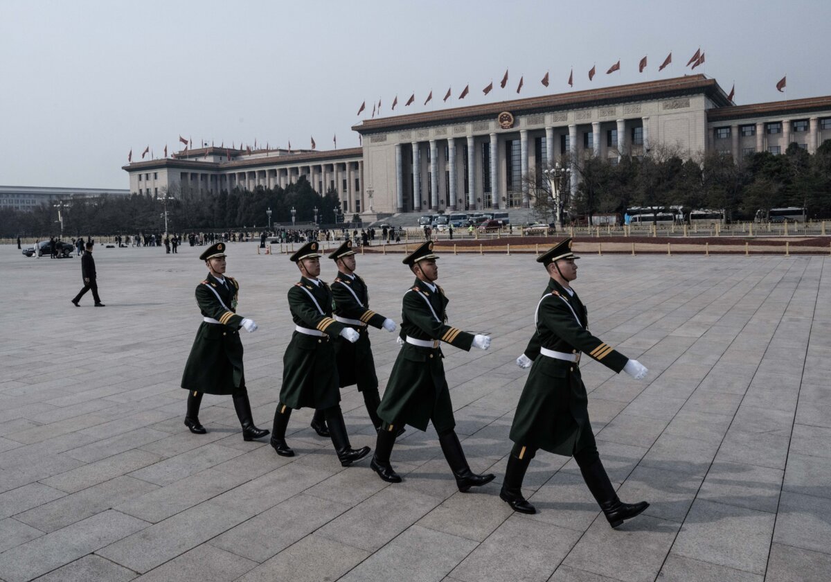Members of a Peoples Liberation Army honour guard march in Tiananmen Square after the closing session of the Chinese People's Political Consultative Conference, or CPPCC at the Great Hall of the People in Beijing, China, on March 10, 2024. (Photo by Kevin Frayer/Getty Images)