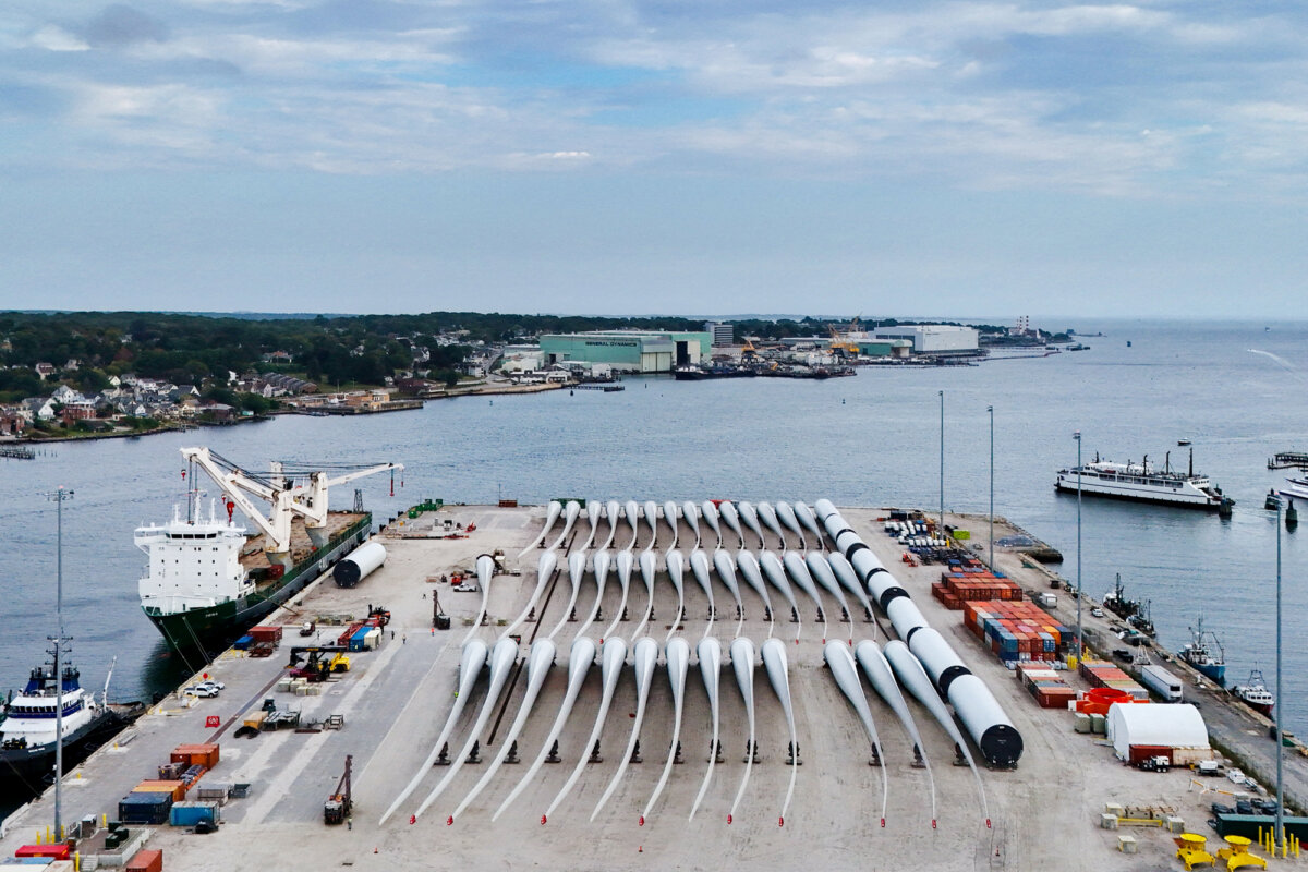 Rotor blades and other parts for the ongoing construction of an offshore wind turbine farm on the State Pier in New London, Conn., on Sept. 23, 2025. (Brian Snyder/File Photo/Reuters)