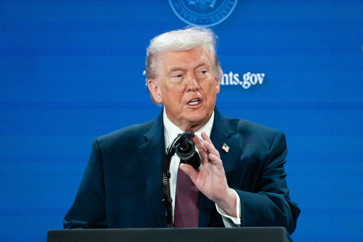 President Trump speaks during the Trump Accounts summit at the Andrew W. Mellon Auditorium in Washington on Jan. 28, 2026. (Madalina Kilroy/The Epoch Times)