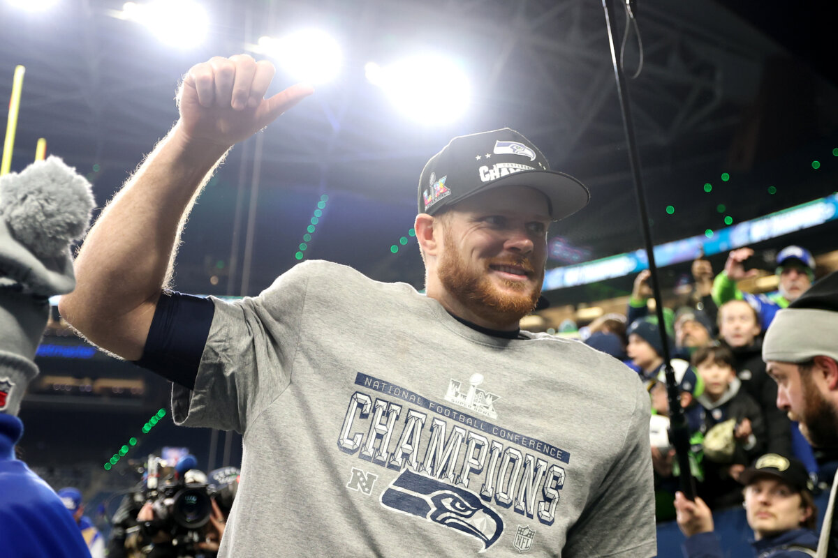 Sam Darnold of the Seattle Seahawks celebrates after defeating the Los Angeles Rams 31–27 in the NFC Championship game at Lumen Field in Seattle, on Jan. 25, 2026. (Steph Chambers/Getty Images)
