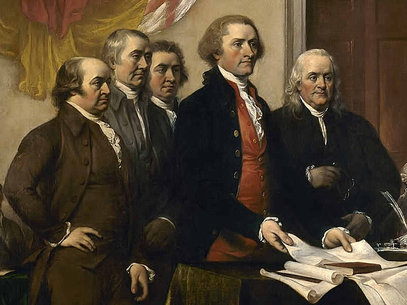 Detail from John Trumbull's 1818 painting of the Committee of Five presenting their draft of the Declaration of Independence to the Second Continental Congress in Philadelphia. (L–R): John Adams, Roger Sherman, Robert Livingston, Thomas Jefferson, Benjamin Franklin. (Public Domain)