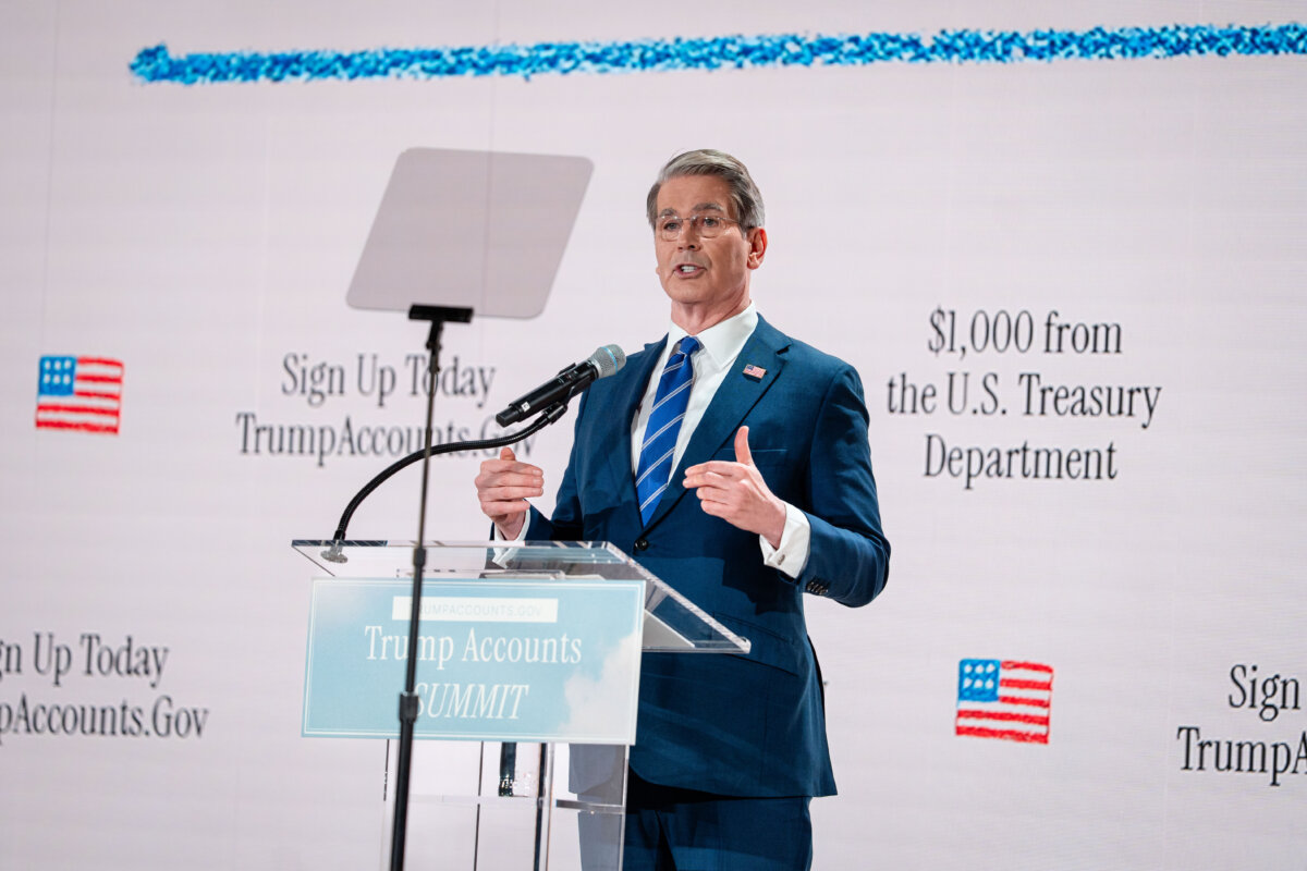 Treasury Secretary Scott Bessent speaks during the Trump Accounts summit at the Andrew W. Mellon Auditorium in Washington on Jan. 28, 2026. (Madalina Kilroy/The Epoch Times)