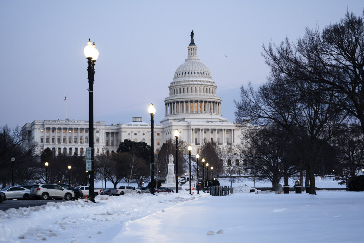 The U.S. Capitol building after a snowstorm in Washington on Jan. 28, 2026. (Madalina Kilroy/The Epoch Times)