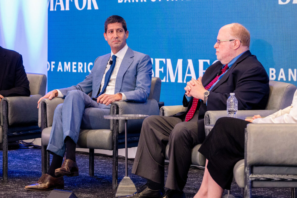 Kevin Warsh (L), Former Member of Federal Reserve Board of Governors at The Semafor 2024 World Economy Summit in Washington on April 18, 2024. (Tasos Katopodis/Getty Images for Semafor)