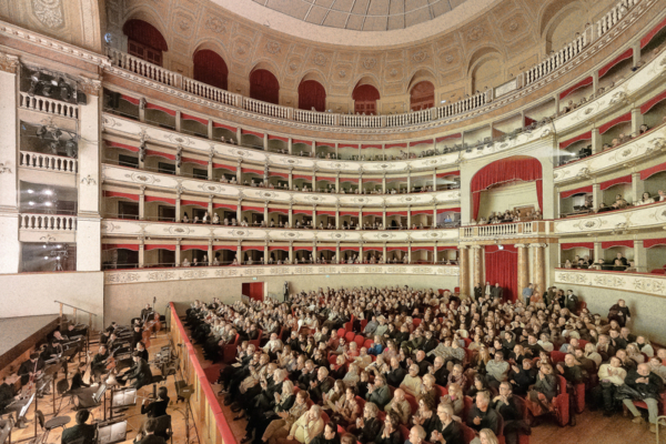 Audience members attend Shen Yun Performing Arts during its second sold-out performance at Teatro Goldoni in Livorno, Italy, on the evening of Jan. 28, 2026. (Gabriele Bruno/The Epoch Times)