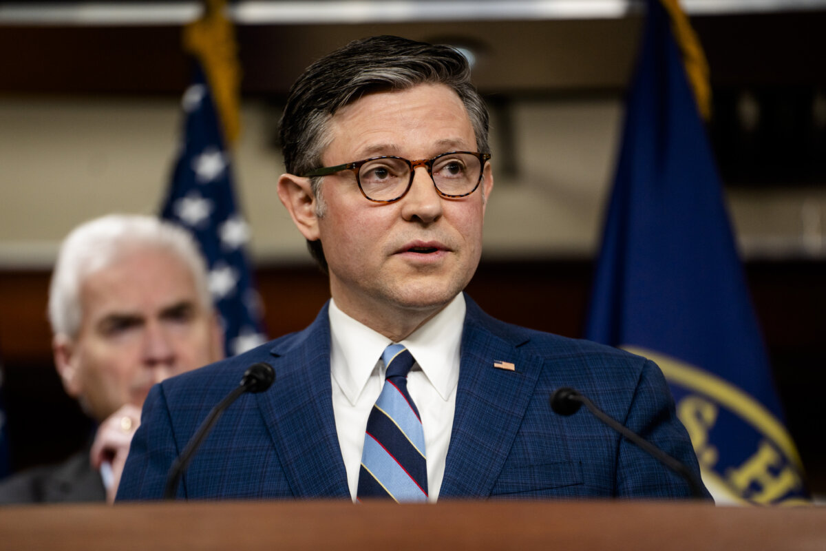 House Speaker Mike Johnson (R-La.) during a press conference on Capitol Hill on Jan. 21, 2026. (Madalina Kilroy/The Epoch Times)